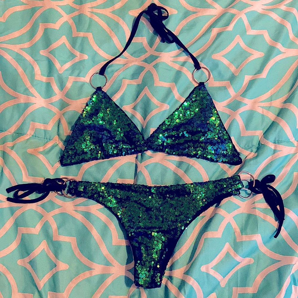 Blue and Green Sequins Competition Bikini